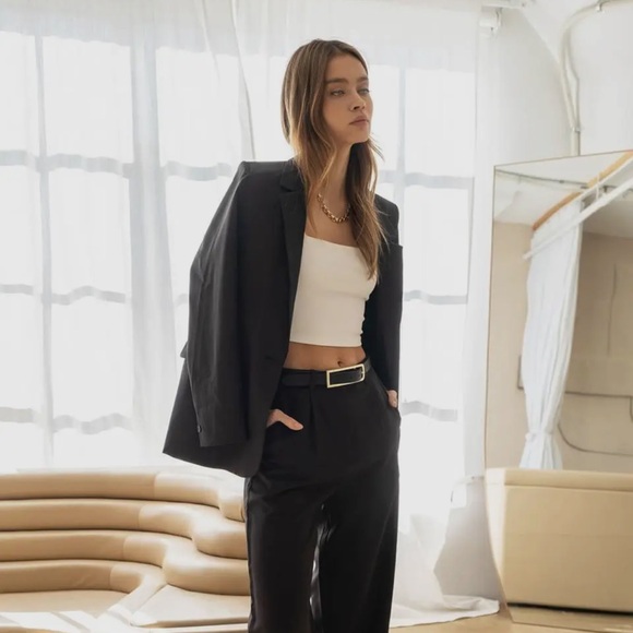 114. Black Blazer Jacket Coat Double Breasted Long Sleeve Pockets - Picture 2 of 4